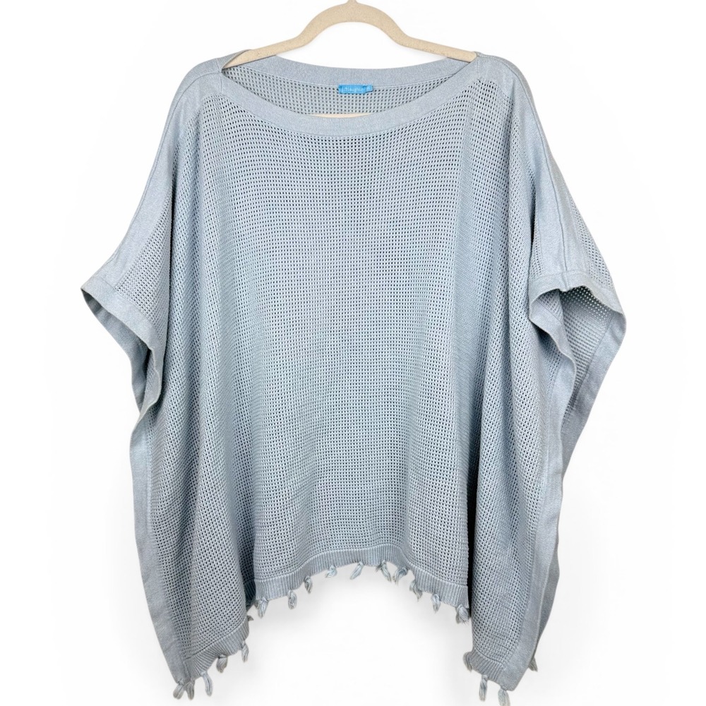 J.McLaughlin Women's Cotton OS Light Blue Open Knit Tassel Fringe Poncho Sweater